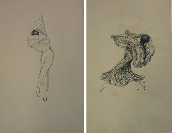 Schetsen van een dansende Gertrud Leistikow, pentekeningen door Max Ernst, 1913. Gesigneerd met monogram. 